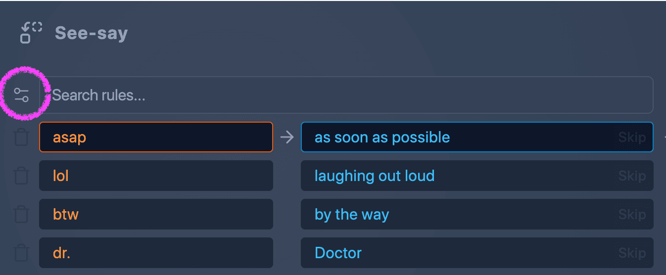 Screenshot showing how to activate Advanced mode by clicking the toggle button to the left of the search field in See-Say